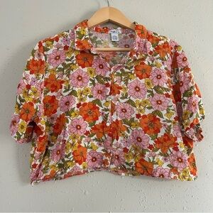 🦋 Rue 21 Pink Orange Floral Crop Top 60s 70s Hippie Peace Casual XL Retro